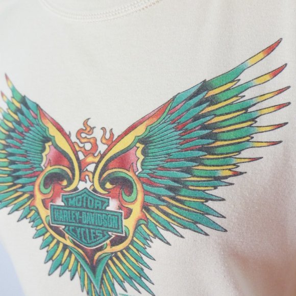 Vintage Y2K Harley Davidson Tan Cream Tee with Tattoo Sleeve Mesh Large - Picture 9 of 13